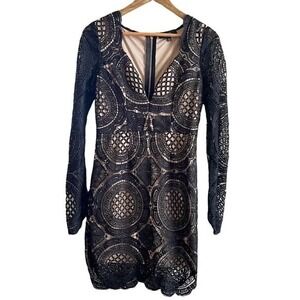 ANGL Black Lace Bodycon Dress Long Sleeve Illusion Cutout Party Size M‎